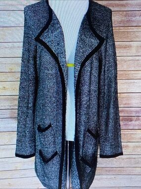 Soft Surroundings Black-Trim Gray Tweed Open Cardigan
